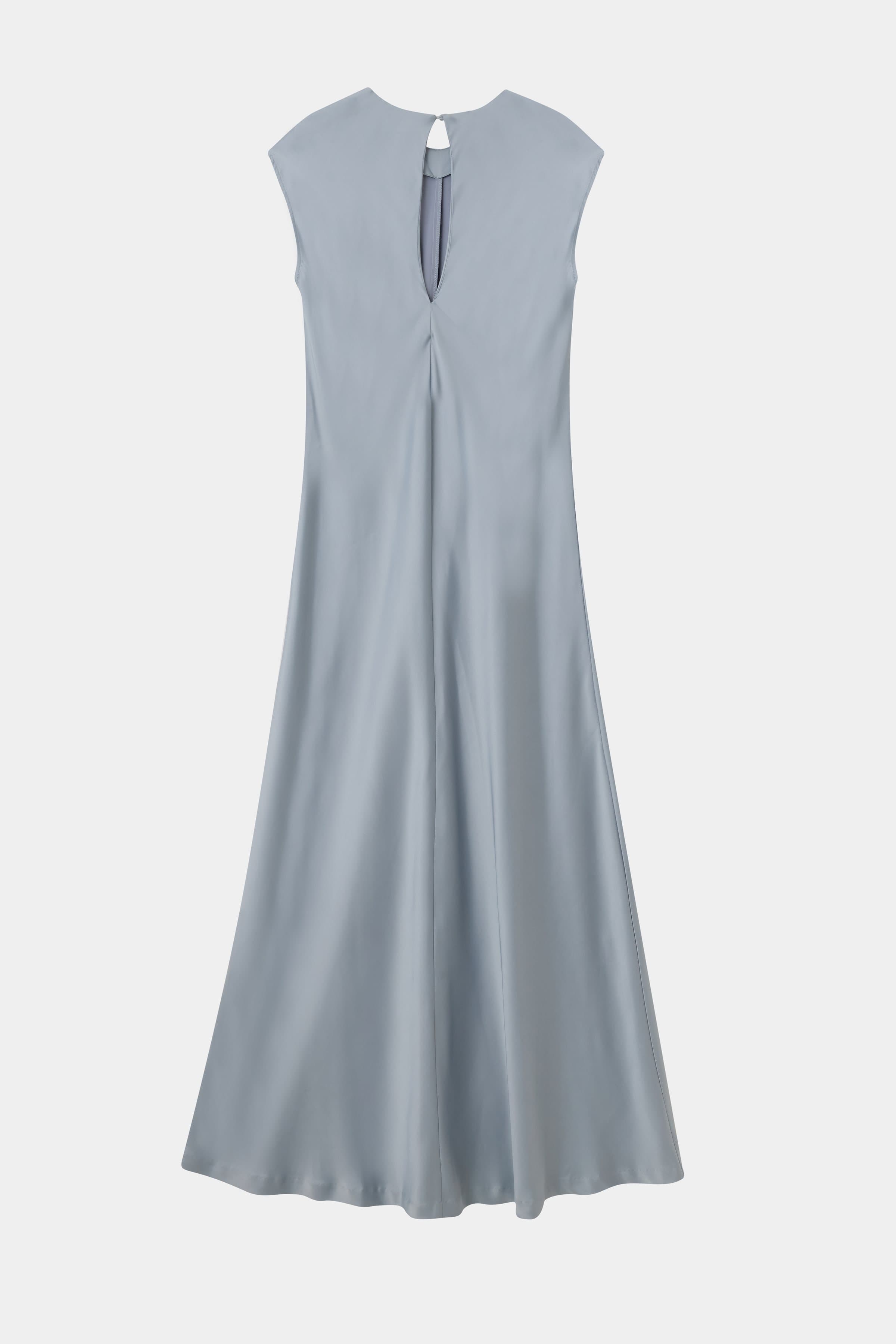 Pale blue satin slip dress photographed on a light background